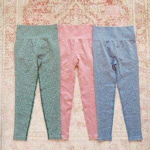 Set of Three High-Waisted Leggings - Green, Blue, Pink